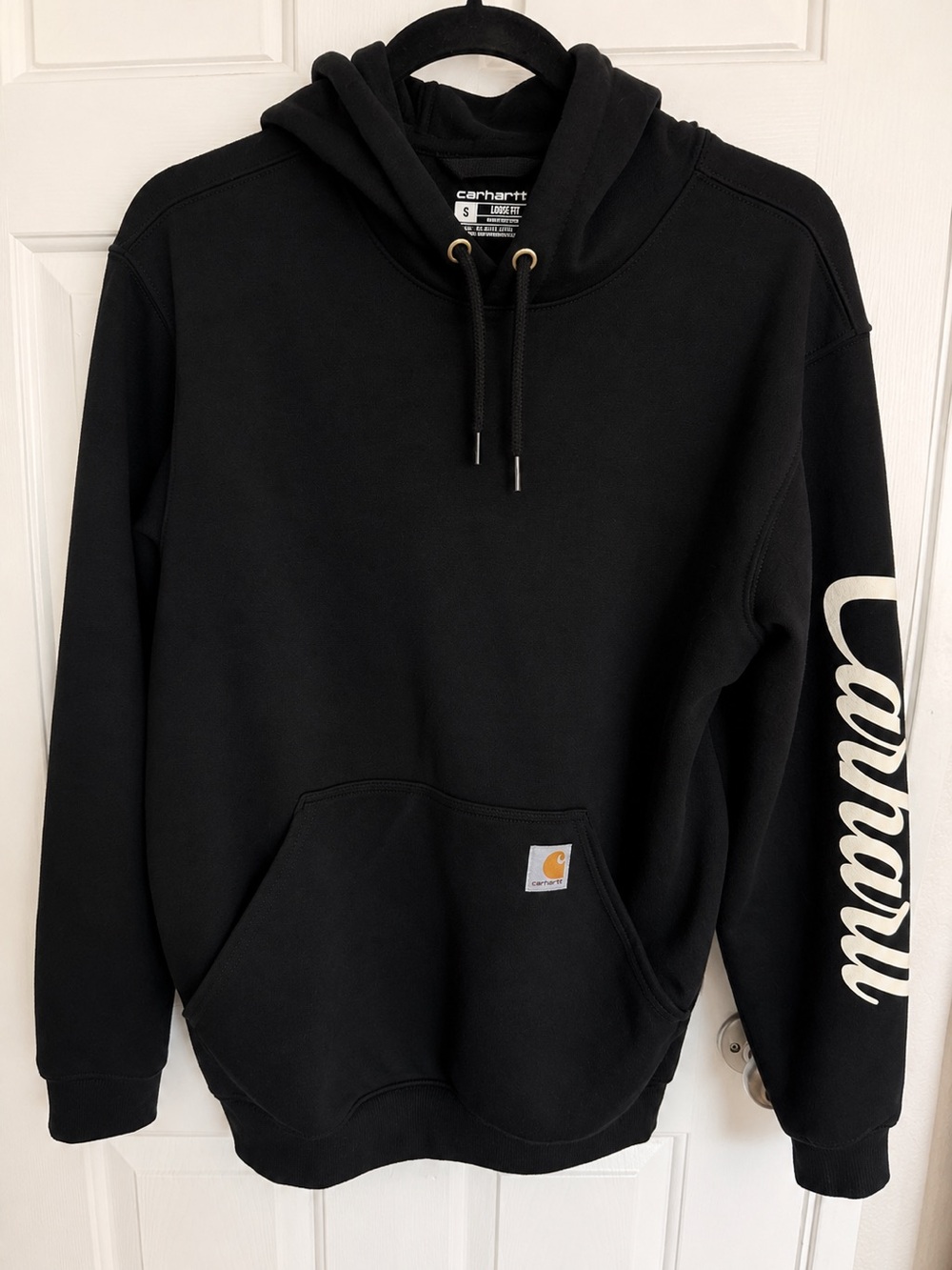 Carhartt Black Hooded Sweatshirt with White Sleeve Script